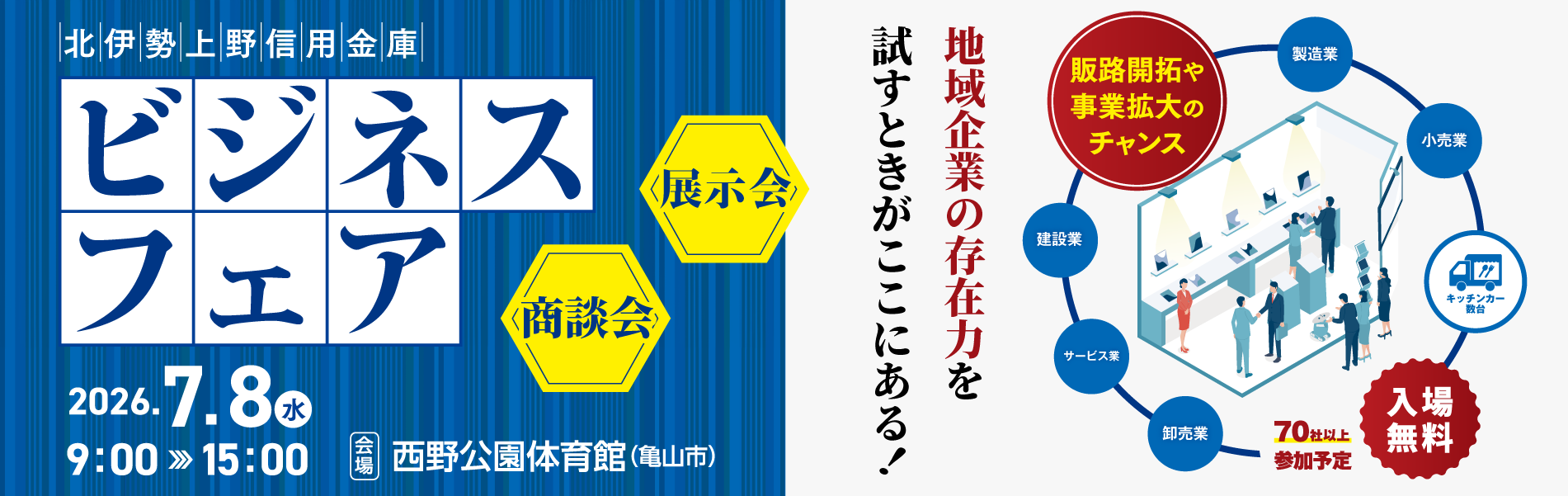 北伊勢上野信用金庫ビジネスフェア開催　2026.7.8水曜　亀山市西野公園体育館で開催